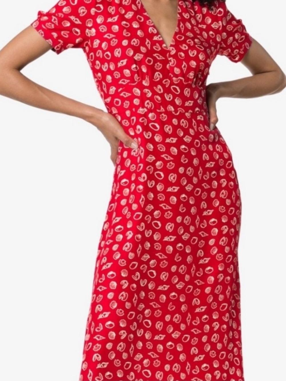 Red Shell-Print Midi Dress with V-Neck